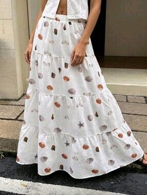 Shell & Starfish Print Elastic High Waist Layered Cake Skirt, Lightweig